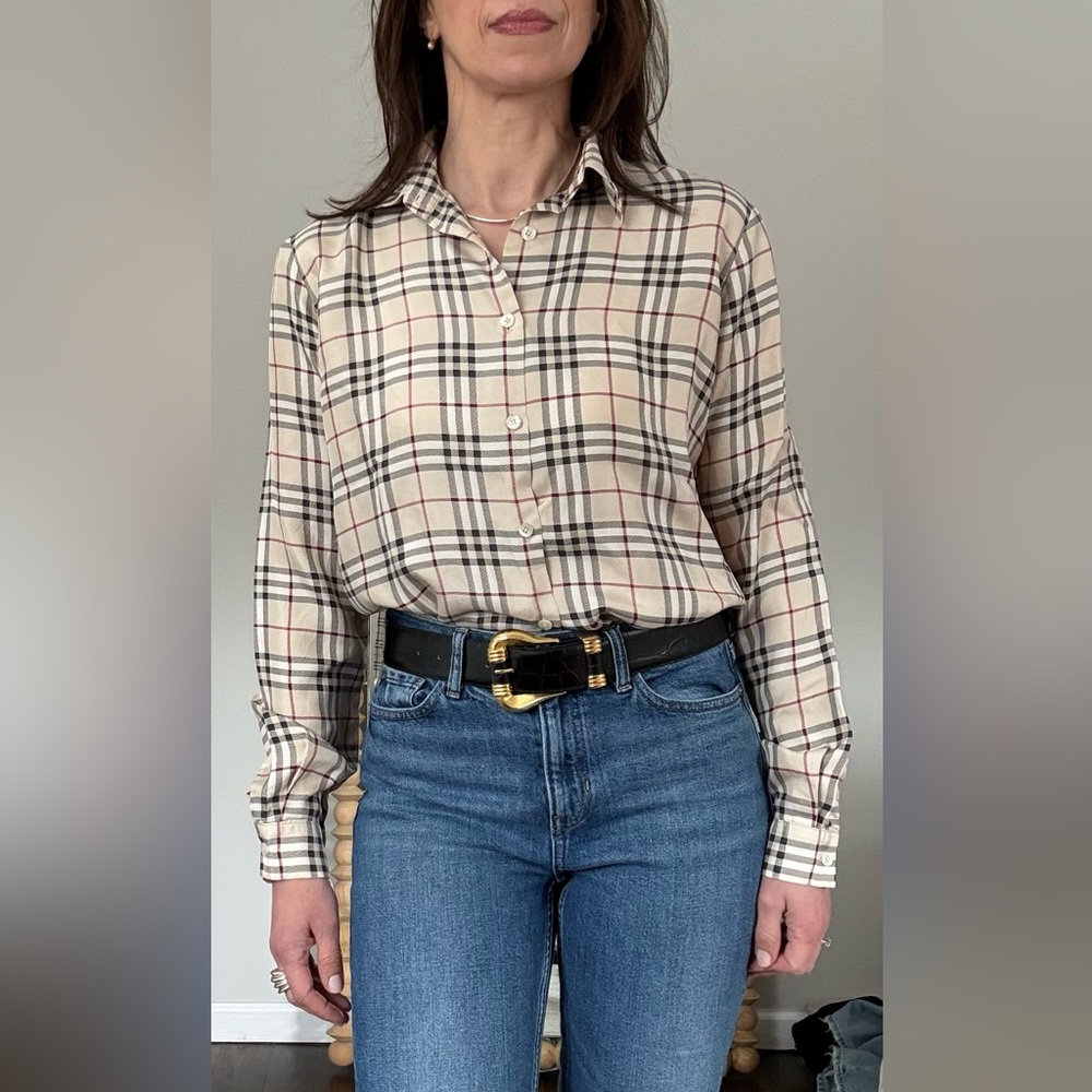 Burberry Plaid Silk Button Down Blouse